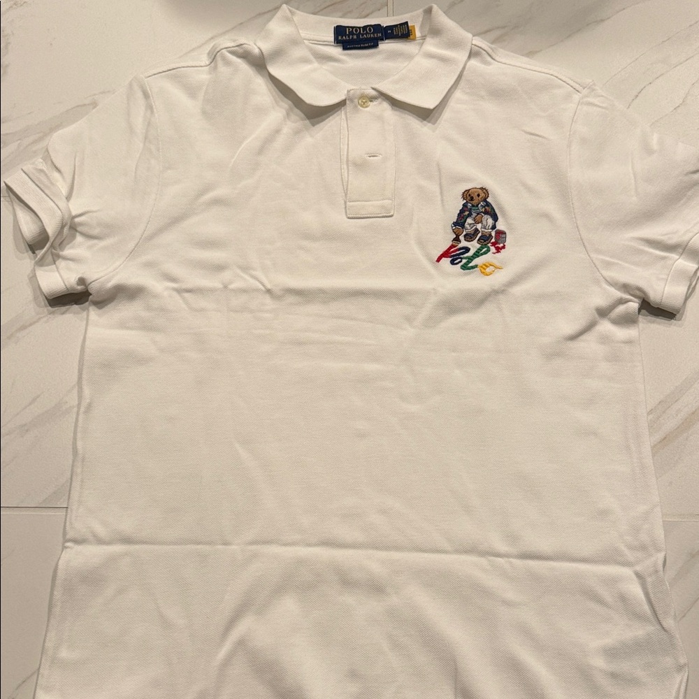 Polo Ralph Lauren Polo Shirt Mens Medium White Embroidered Polo Bear Graphic